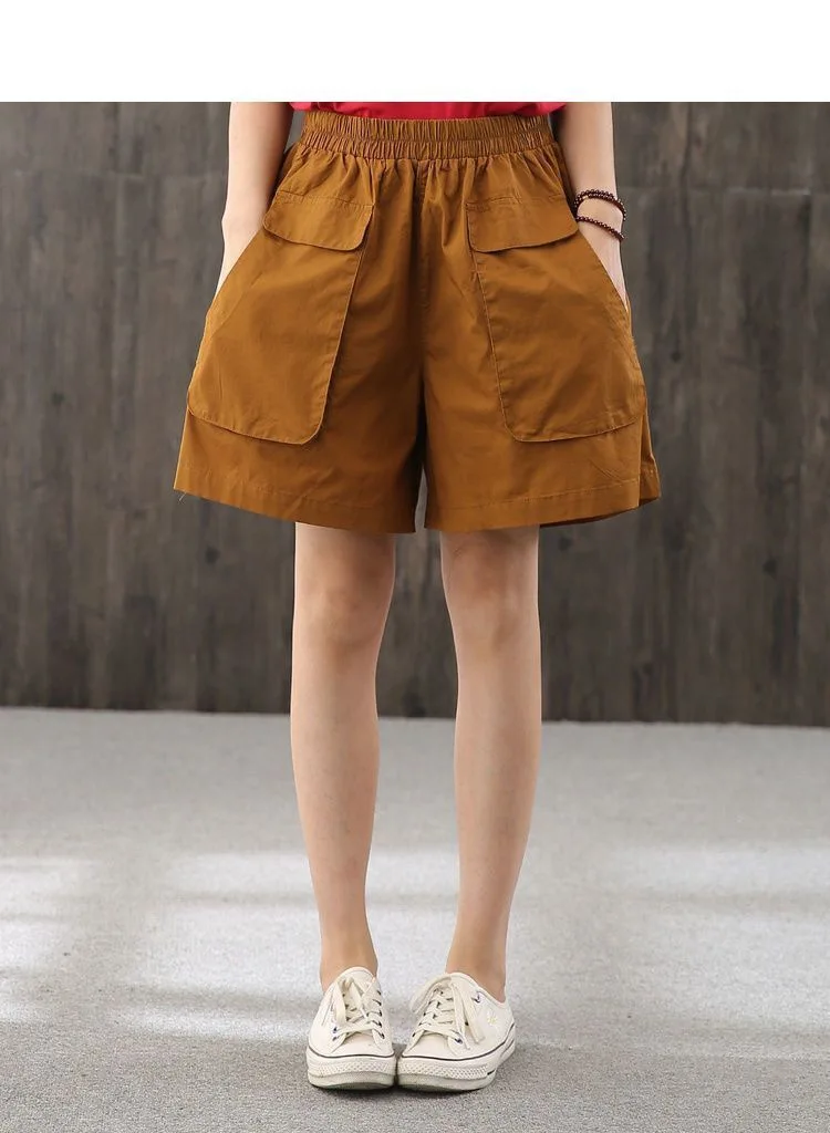 bike shorts Yitimoky Women Shorts High Waisted Elastic Band Casual Summer Female COTTON Shorts with Big Pockets Black Army Green Khaki Brown high waisted shorts