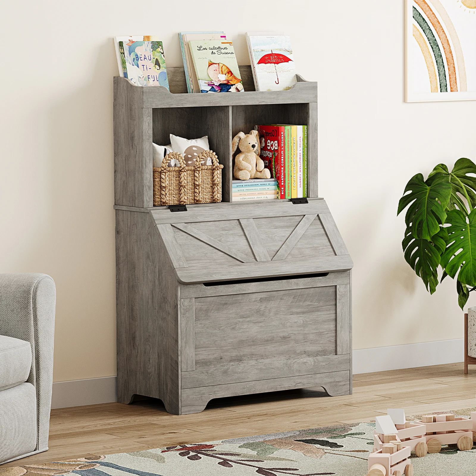 Kinder-Bücherregal aus Holz, Kinder-Bücherregal und Spielzeugaufbewahrung mit Klappdeckel und Tasche, Aufbewahrungsschrank aus Holz für Spielzimmer, Schlafzimmer – Detail 7