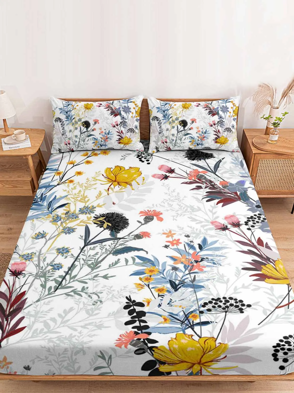 

Flower Dandelion Leaves Fitted Bed Sheet Cover Elastic Band Anti-slip Mattress Protector for Single Double King