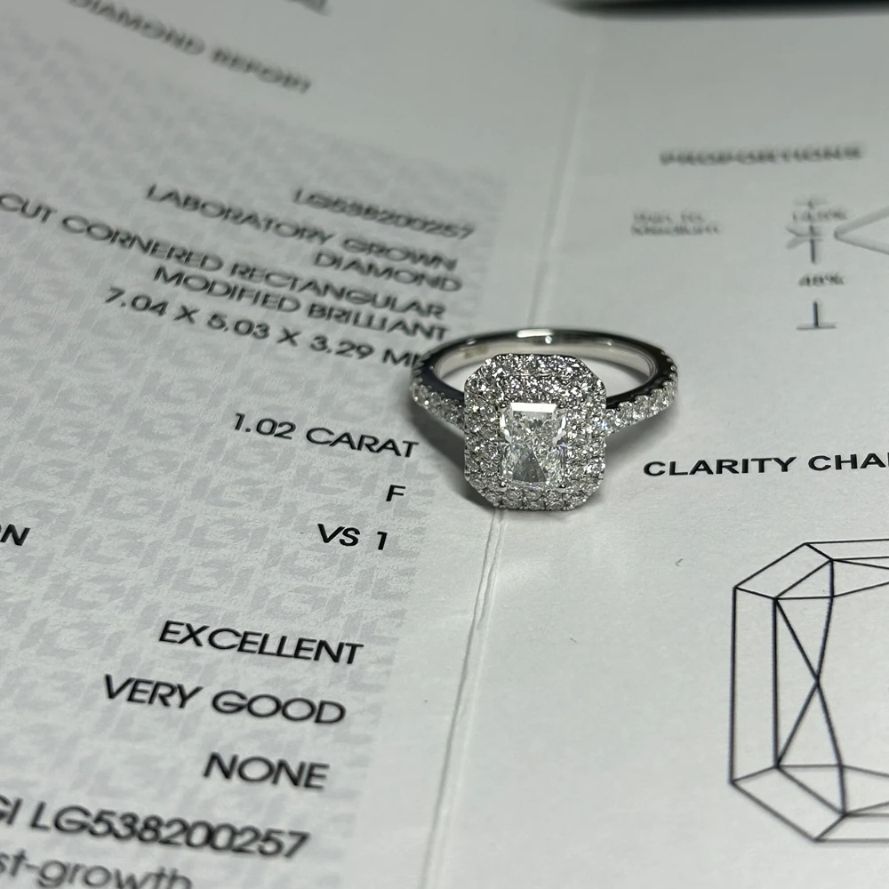 18K White Gold Ring VS1 F 1 Carat Radiant Cut HPHT IGI Lab Diamond Rings Fashion Jewelry