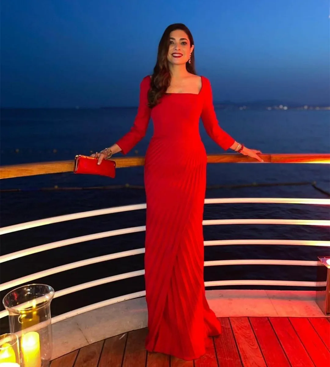 

Vintage Long Red Sqaure Neck Evening Dresses With Sleeves Mermaid Zipper Back Floor Length Formal Party Dress for Women