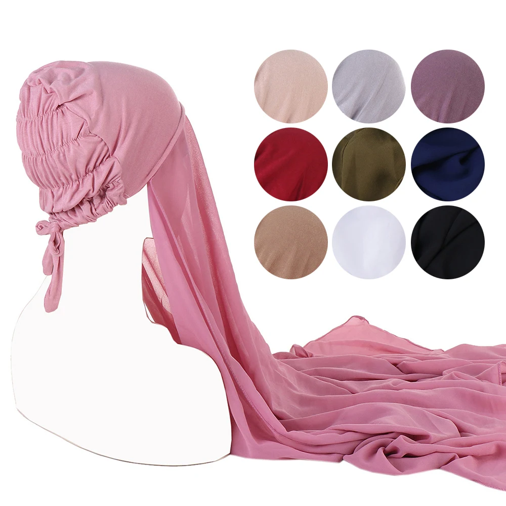 

Chiffon Pleats Hijab With A Bonnet Under Scarf Custom Instant Unique Design Muslim Hijab Turban Hat Scarf For Women Hedging Cap