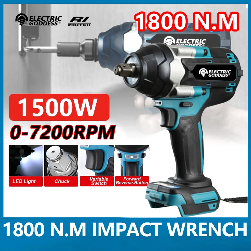 DTW700 1800 N.M 7200rpm Torque Brushless Electric cordless Impact Wrench 1/2 In Lithium-Ion Battery For Makita 18V Battery