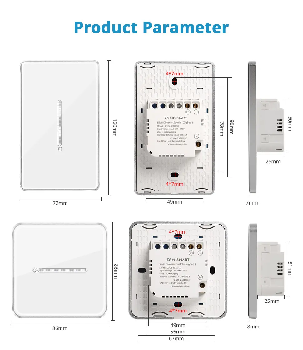 EU US Dimmer Switch Zigbee 1 Gang Light Switch with Slider for Percentage Contro