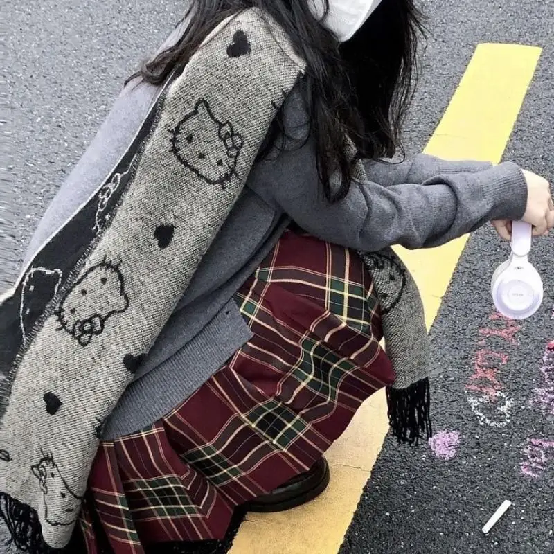 Kawaii Sanrios Anime Hello Kitty New Section Autumn Winter Japanese Cartoon Cute Teenage Heart Knitting Scarf Christmas Gifts