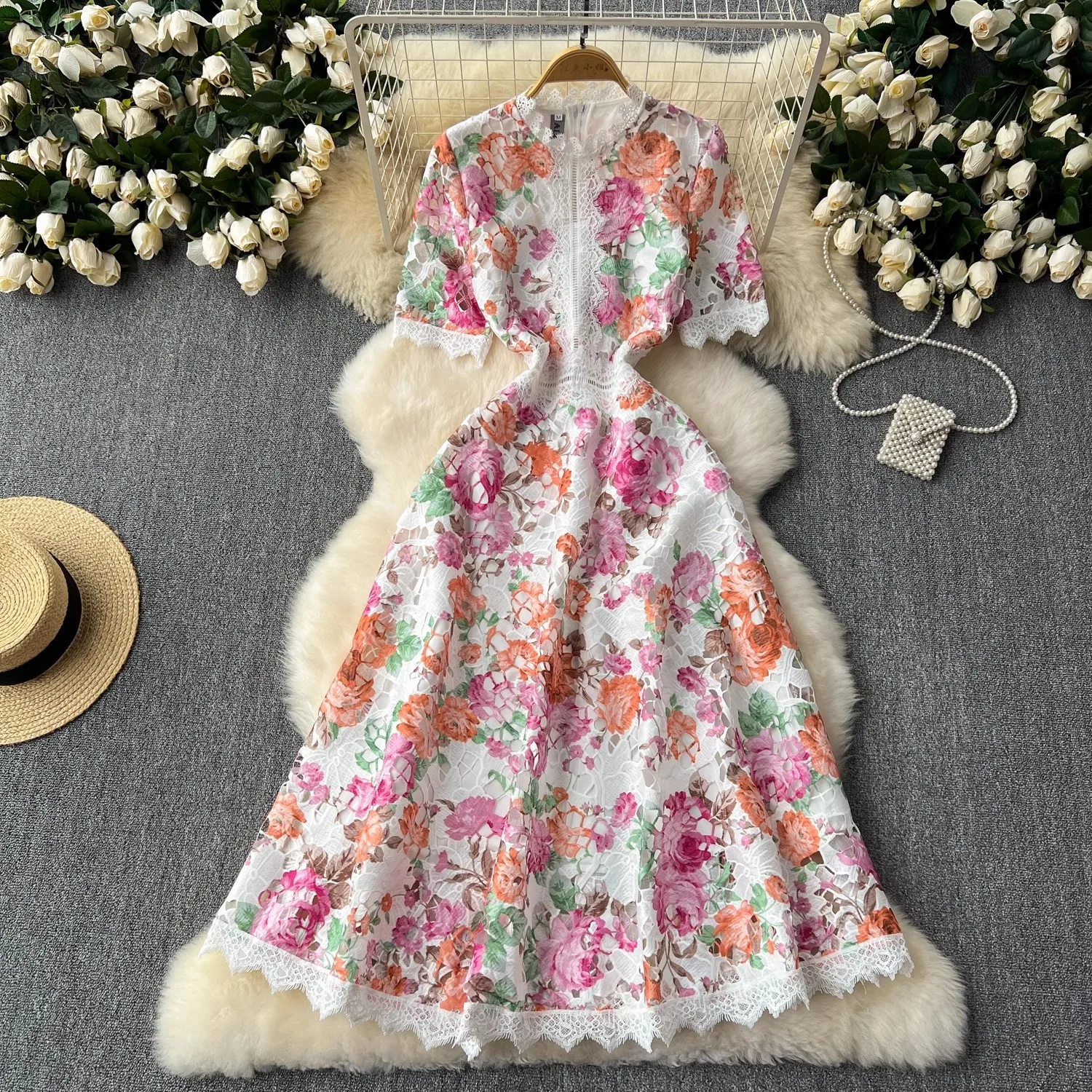 Runway Summer Flower Embroidery Crochet Lace Evening Prom Holiday Dress  Women Short Sleeve Lace Patchwork Midi Vestidos 6949 - AliExpress 200000345