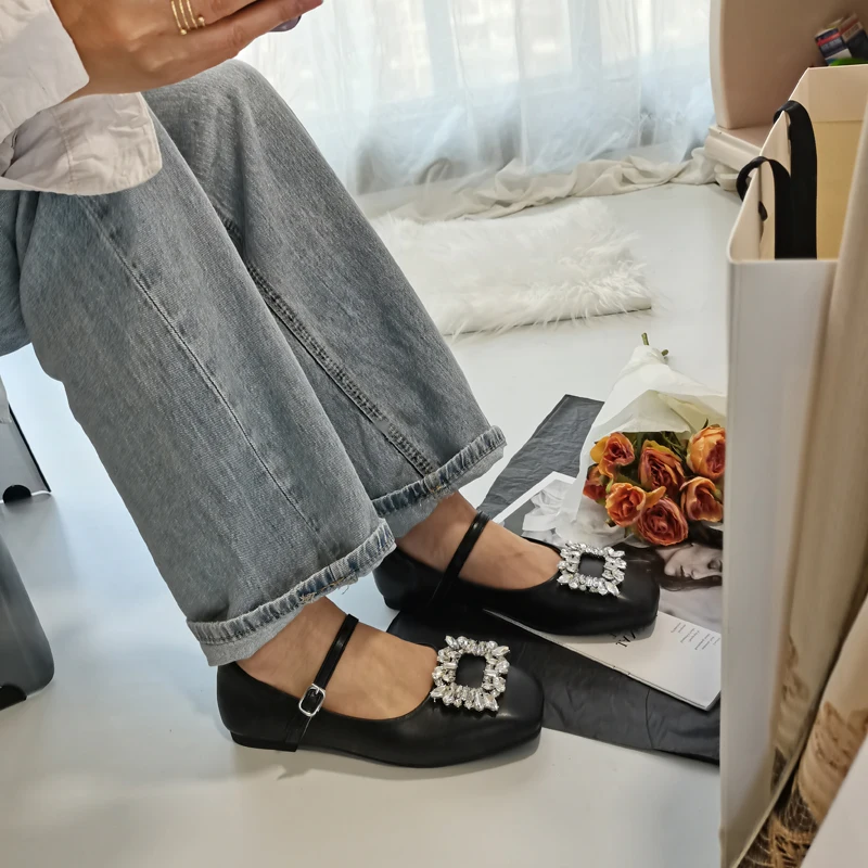 Square Versatile Rhinestone Mary Jane Flats Lolita Designer Zapatos Office Shoes Women Comfortable for Work