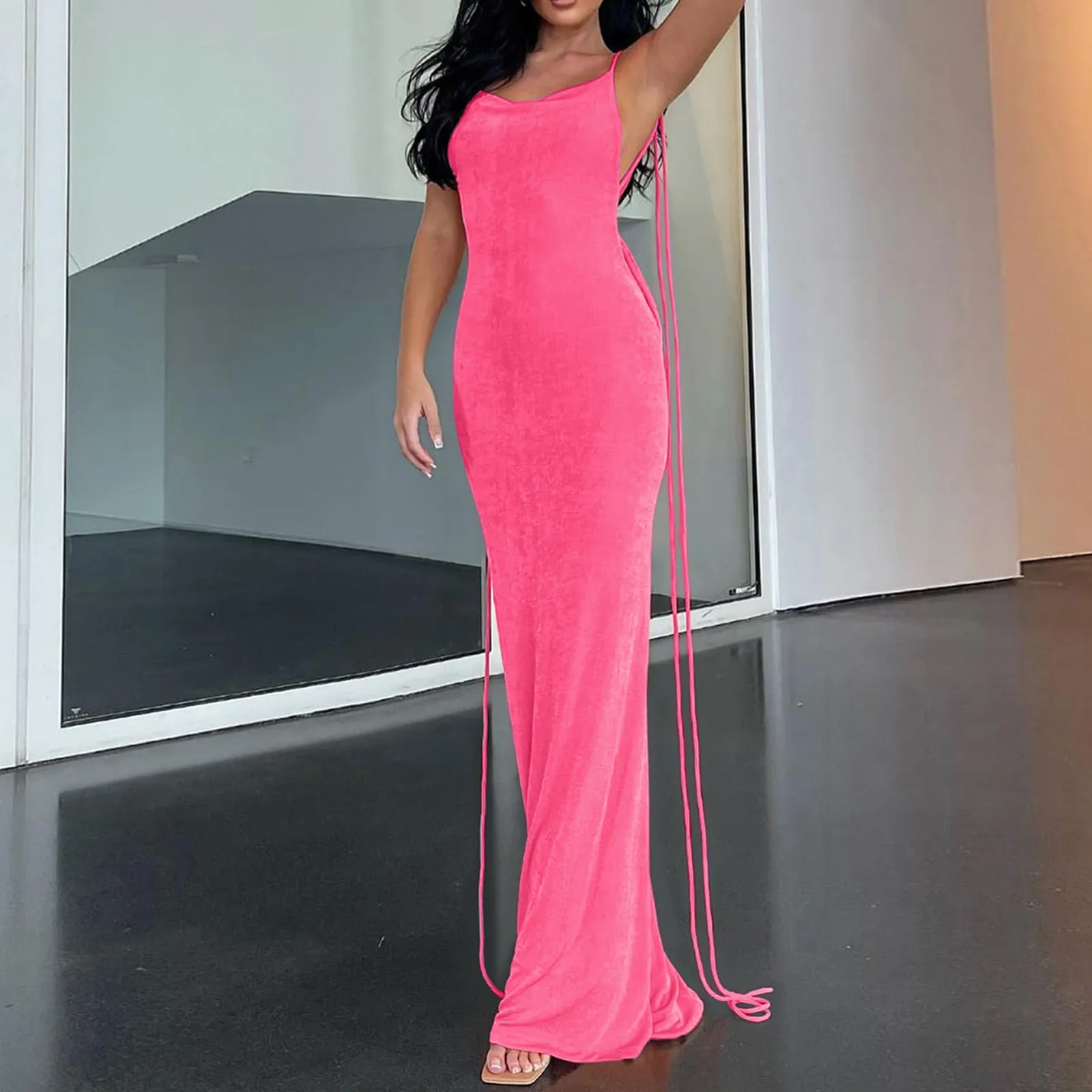 

Women‘s Sexy Bodycon Spaghetti Straps Dress V-Neck Sleeveless Solid Maxi Dress Ladies Strappy Backless Enening Party Dresses