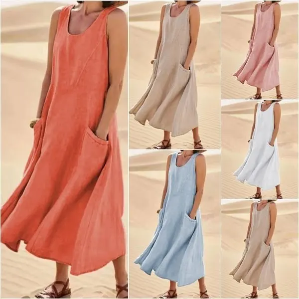 2023 summer Europe and the United States pocket sleeveless round neck women's cotton linen dress vestido midi elegante