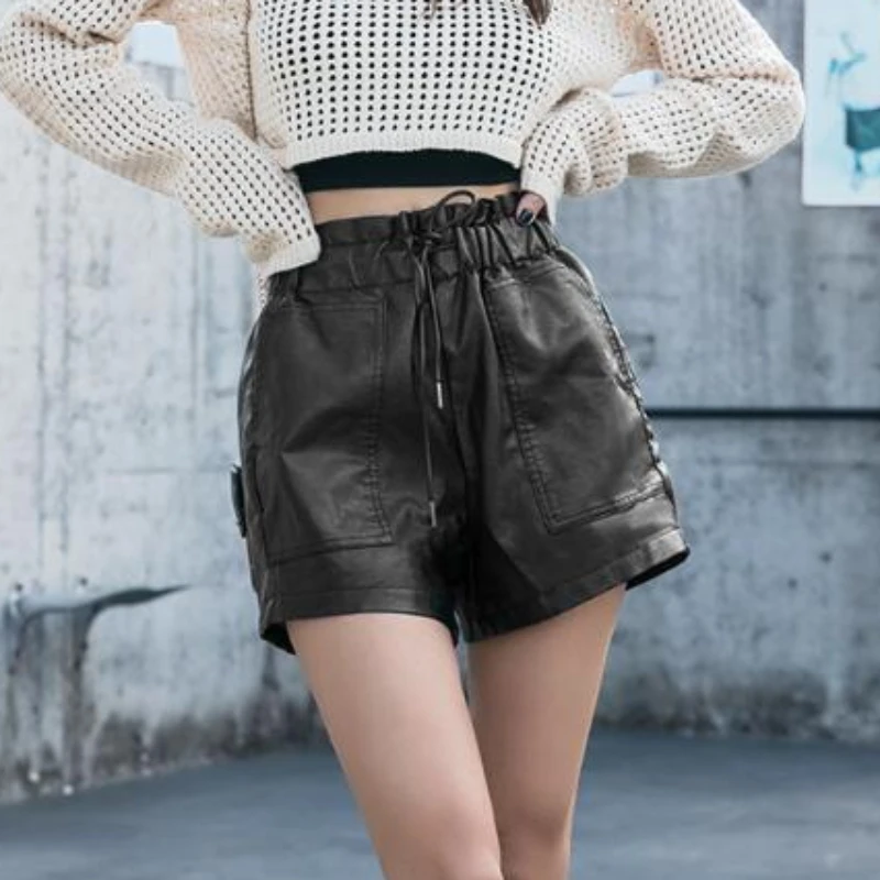 Shorts Women Ulzzang Chic Elastic Waist Pockets Loose Simple Pure Black Trendy Ins PU Leather Fall Casual 3XL Female All-match