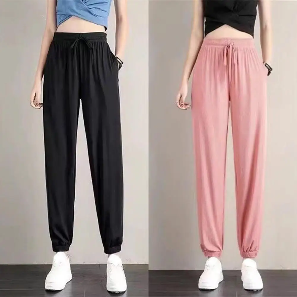 Thin ice silk sports pants for women, elastic waistband, waist pockets, casual sports pants, solid color, loose fitness pants, summer.