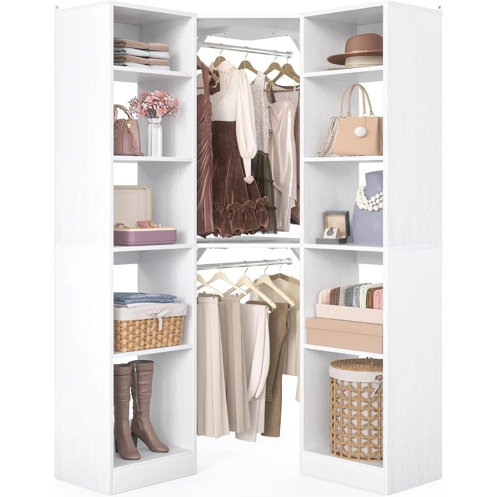 Corner Closet System With 12 Shelves, 40″ Large Organizer With 2 Hanging Rods, Versatile 6-Tier Walk-in Closet for Corner Space,