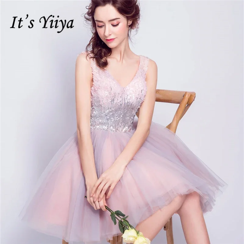 

Clearance Prom Gown Pink Sequins Bling Tulle V-neck Sleeveless Lace up A-line Knee-length Size 6 Women Party Formal Gown LX825