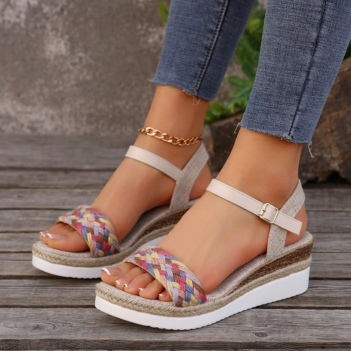 Sommer frauen High Heel Sandalen Ferse Große Größe Bunte Geflochtenen Seil Alias De Mujer Outdoor Vielseitig Zapatillas De Mujer – Detail 9