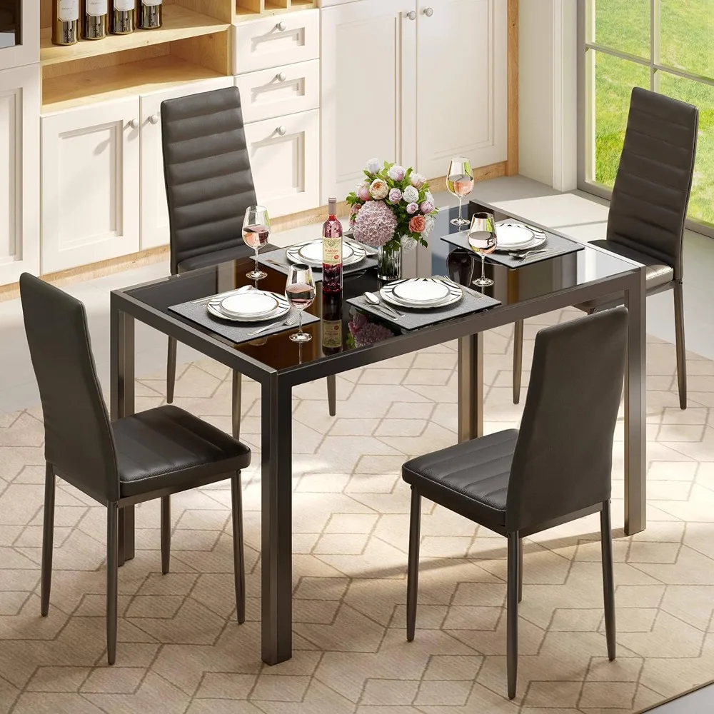 Description Picture 2 of item5 Piece Glass Dining Table Set, Kitchen and Chairs for 4, PU Leather Modern Room Sets for Home, Kitchen, Living Room