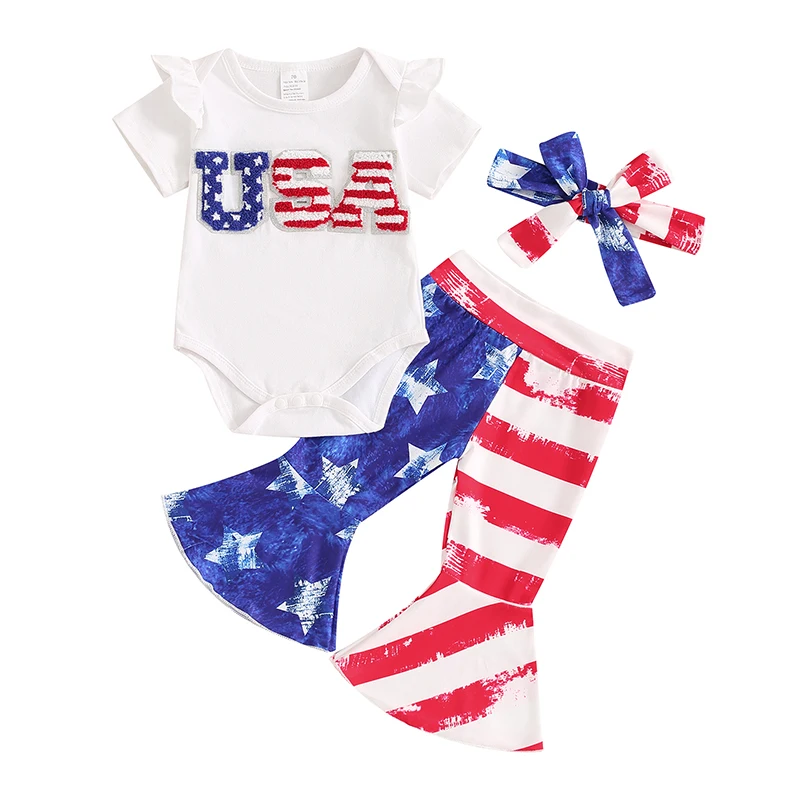 

Baby Girls Patriotic Outfit Letter Embroidery Short Sleeves Romper and Star Stripe Flare Pants Headband 3 Piece Clothes