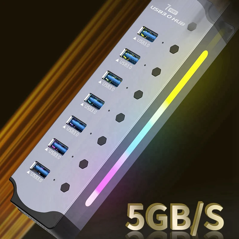 USB 3.0 허브, LED 스트립이 포함된 7포트 RGB 허브, 다이나믹 모드, 스위치, PC용 알루미늄 케이스 허브, 노트북 EU 플러그-A32R