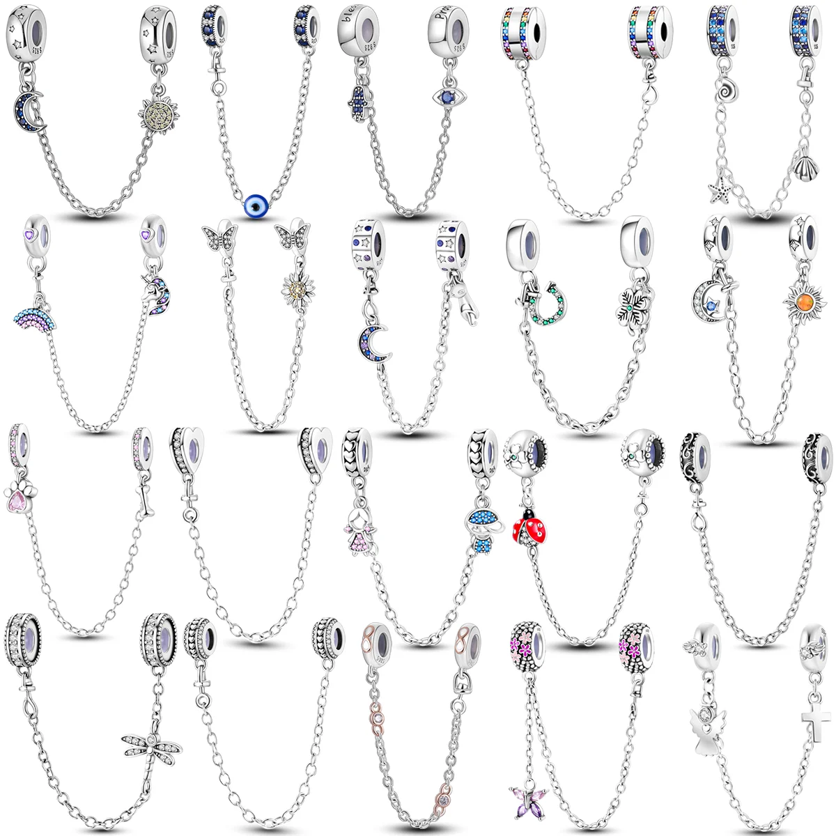 Sparkling Clear Silver Safety Chain 925 Sterling Silver Safety Chain Charm Beads Fit Original Bangle Bracelet DIY Jewelry