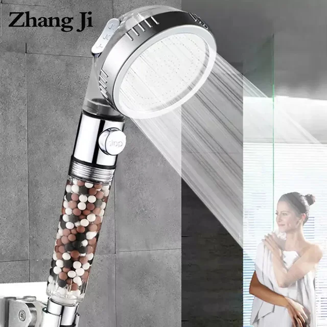 ZhangJi Bathroom 3-Function SPA Shower Head with Switch Stop Button high Pressure Anion Filter Bath Head Water Saving Shower 1