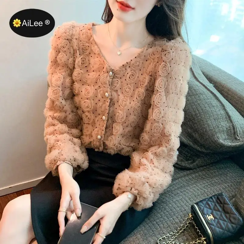 Women Rose Flower Shirt Dots Party Blouses Elegant Lace Buttons Up Office Lady Long Sleeve Slim Top Blusas Camisas Dating Femme design buttons winter women blazer suit pants set graceful flattering charming party office high street outerwear oversize coat