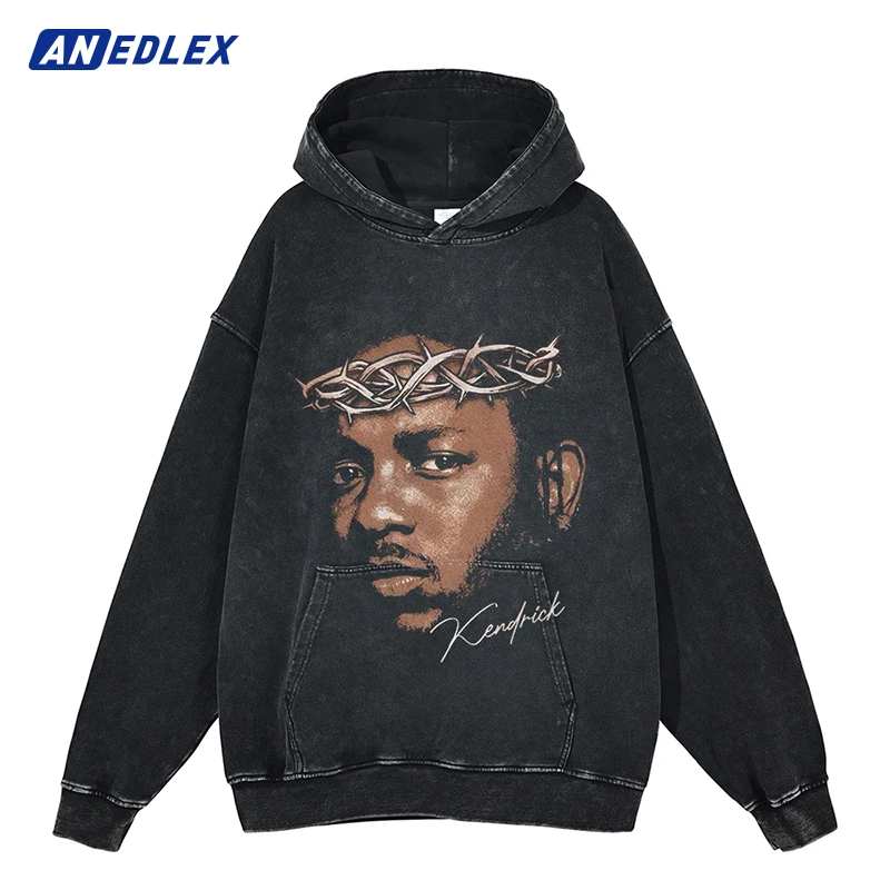 

Толстовка мужская оверсайз в стиле хип-хоп, свитшот с графическим портретом, пуловер с капюшоном в ретро стиле, хлопковая черная с эффектом потертости в стиле Харадзюку