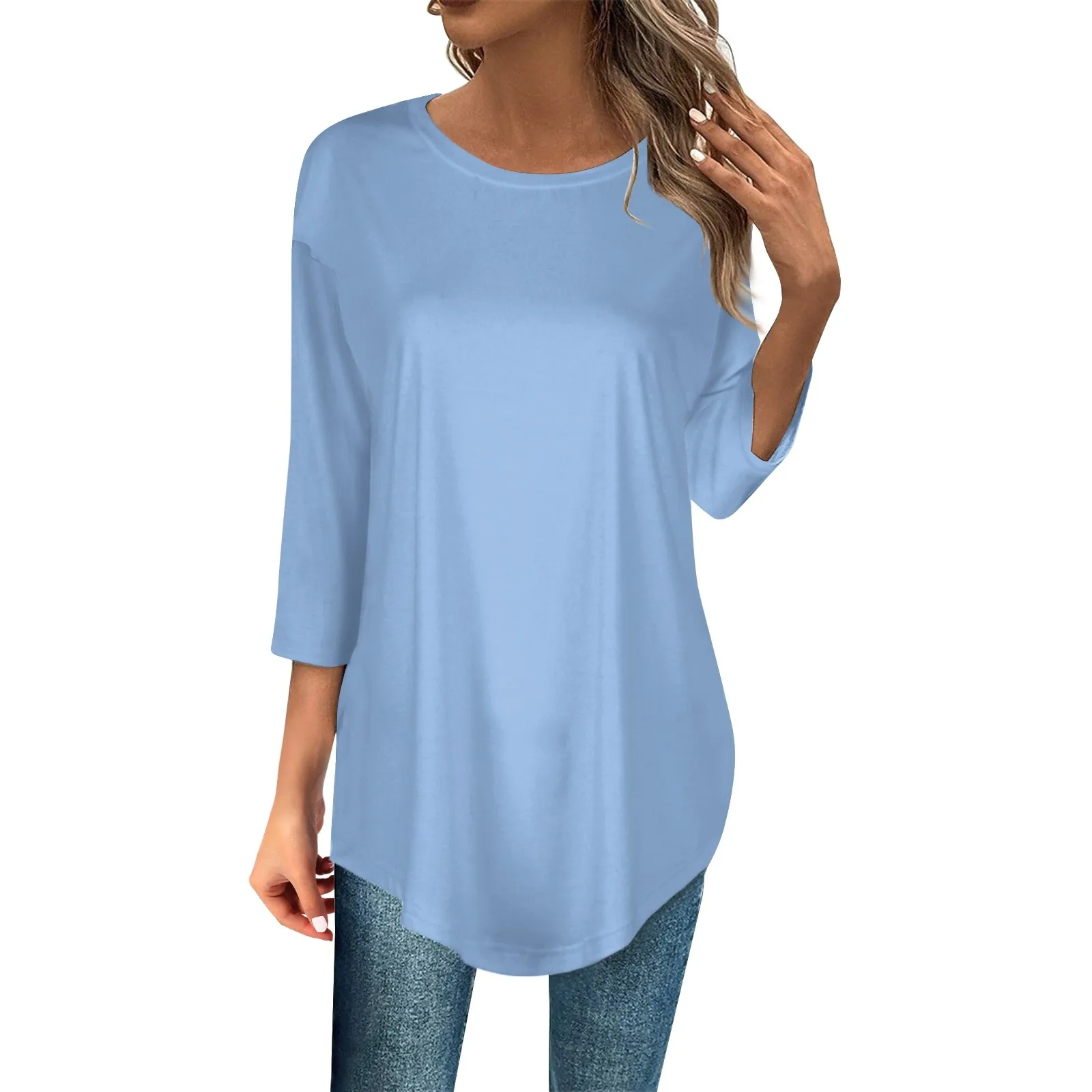 

Women's Tee Solid Color Three-quarter Sleeves Holiday Weekend Fashion Round Neck Regular Top Female Casual T Shirt 2024 New