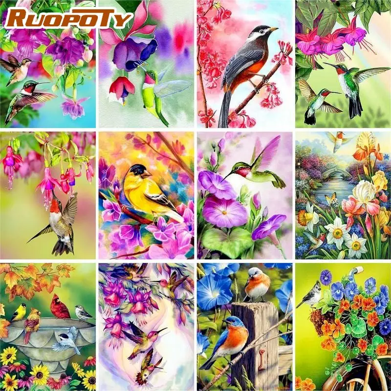

RUOPOTY Oil Painting By Numbers Kits Birds On Flower Picture By Number HandPainted DIY Gift 60x75cm Frame On Canvas Wall Decor