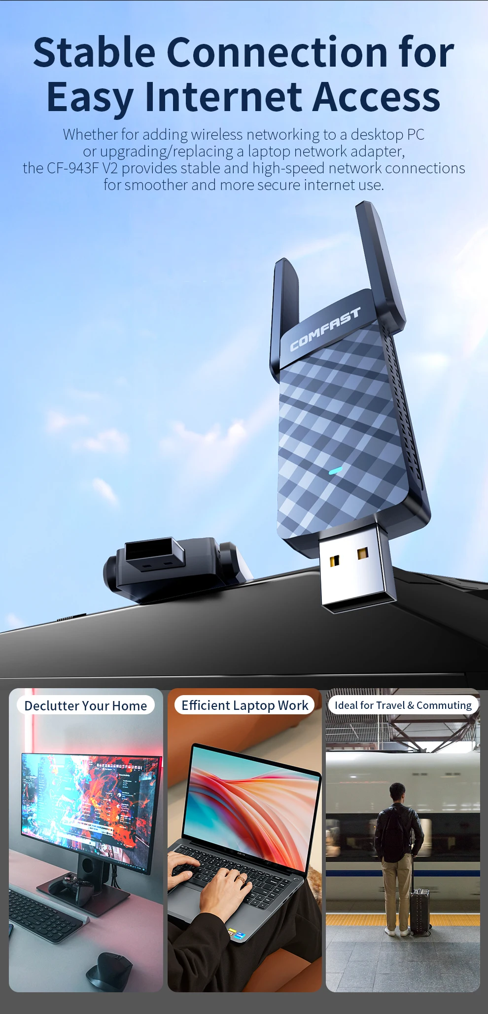 COMFAST CF-943F V2 WiFi6 USB 어댑터 AX900 듀얼 밴드 2.4G/5G 드라이버가 필요 없는 무선 네트워크 카드 (윈도우 7/10/11 데스크탑/노트북용)