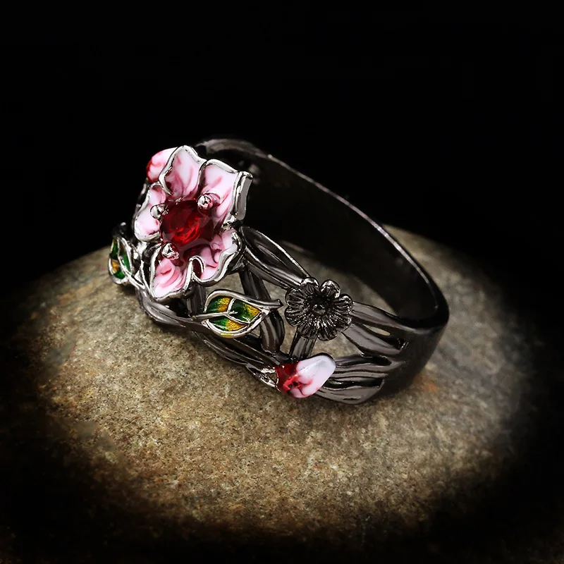 Silver Ring silver ring wedding rings silver rings rose flower ring Exquisite Women's Jewelry Red Flower 925 Silver Ring Creative Elegant Women's Jewelry Attend Banquet Wedding Ring