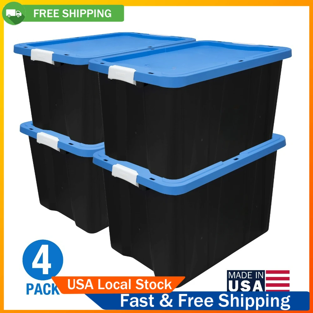 

27 Gallon Heavy Duty Latching Plastic Storage Bin Container, Black, Set of 4