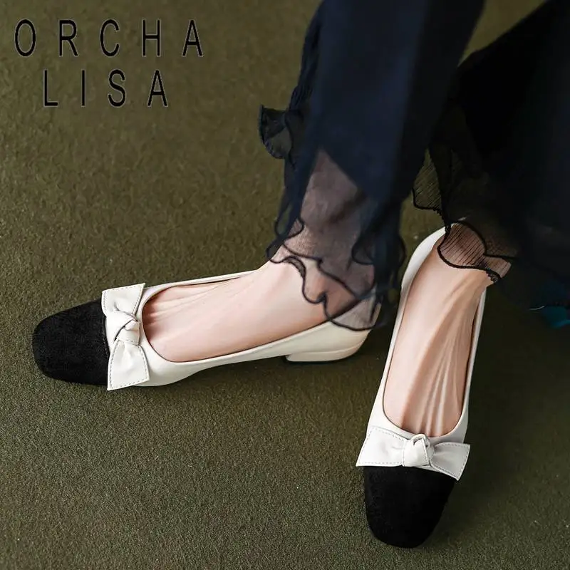 

ORCHA LISA Female Pumps Square Toe Low Heels 2.5cm Slip On Butterfly Knot Splice Mixed Color Daily Casual Shoes Large Size 41 42