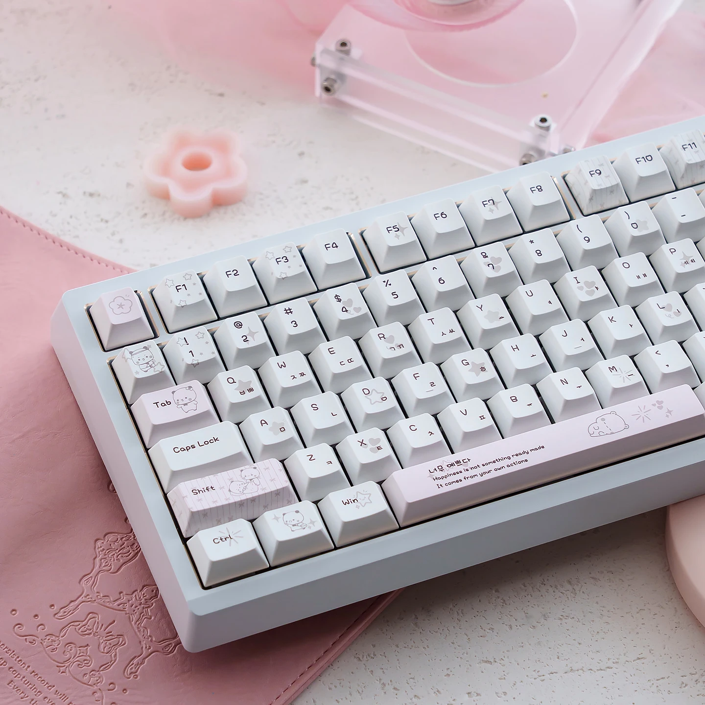 Adorable White & Pink Bubu-Bear Korean Hangul Cherry Profile PBT Keycaps for Custom Mechanical Keyboards