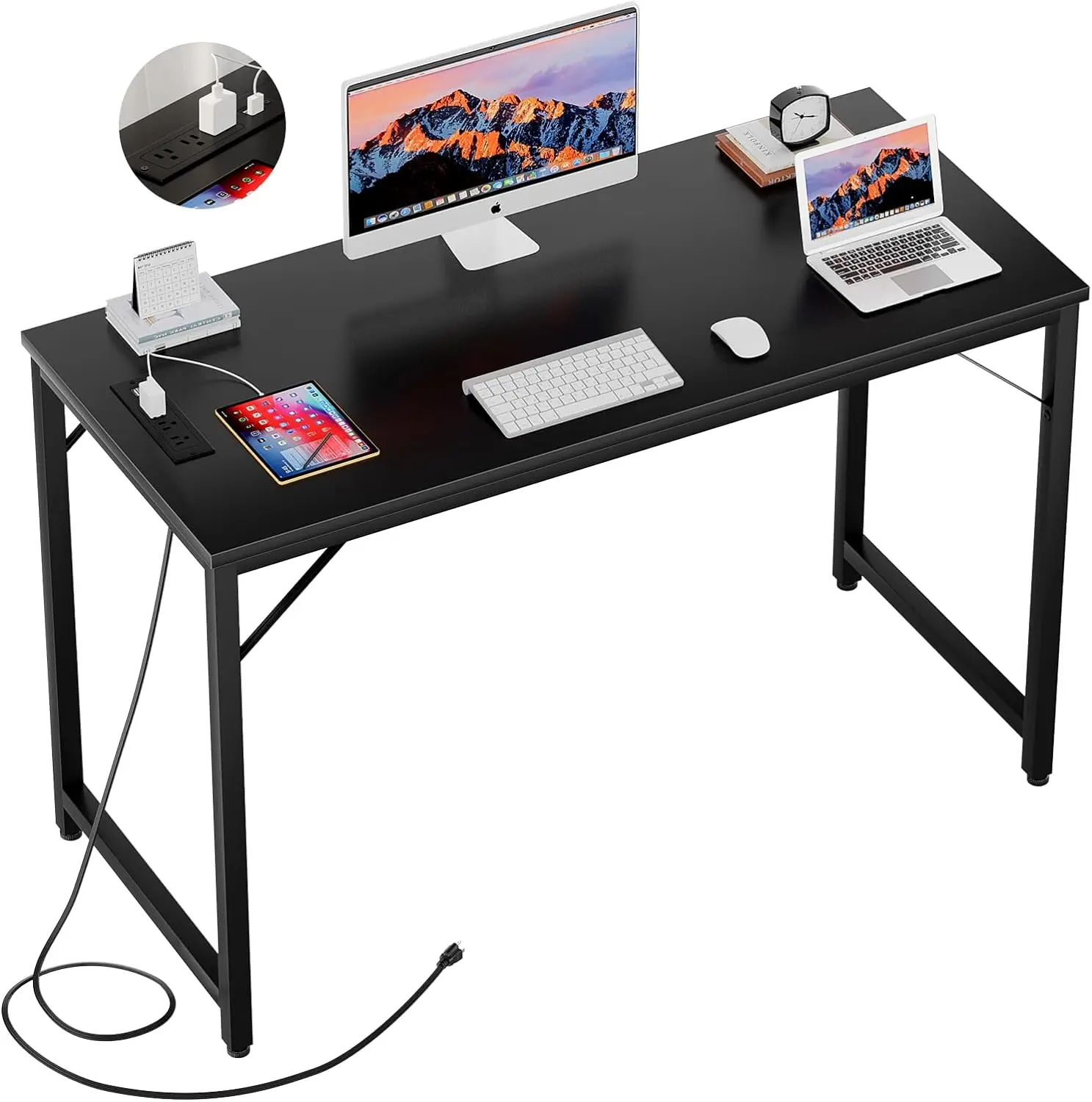 47 Inch Computer Desk with Magic Power Outlets, Modern Office Desk with USB Charging Ports, Sturdy Student Writing Desk