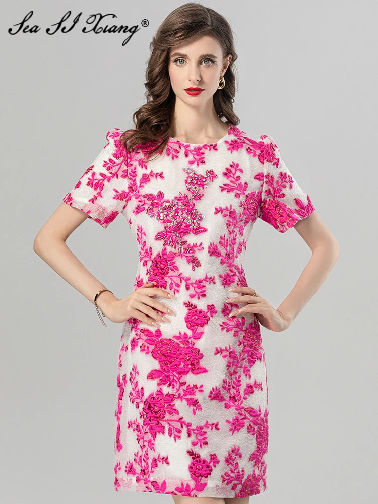 

Женское жаккардовое платье Seasixiang, летнее винтажное платье с круглым вырезом и коротким рукавом, расшитое бисером