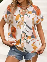 Women Flora Print Notched Neck Batwing Sleeve Blouse Ladies Tops Shirts - Image 5