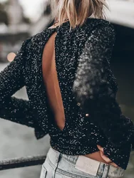 Round Neck Lady Backless Sequins Top Sexy Slim Hollow Out Women Solid Blouse Female Office Chic Long Sleeve Pullovers 2024 Blusa