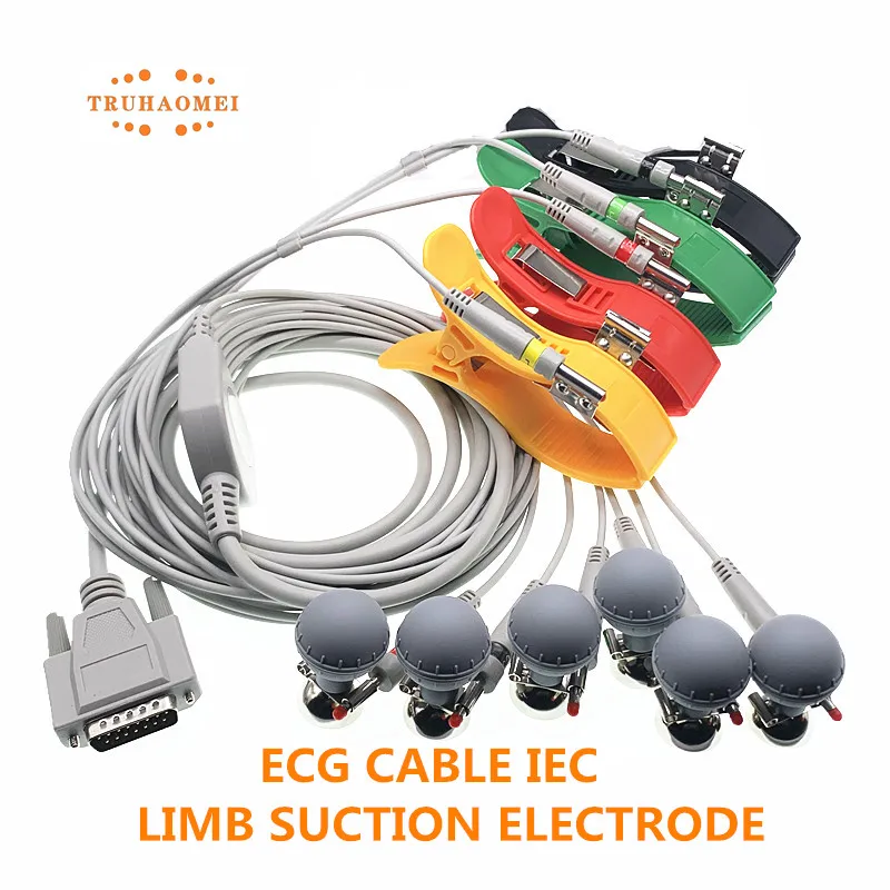 For Nihon Kohden ECG Cable Biocare EKG Cable Comen One Piece 10 Leads DB15 Banana 4.0 Full Set Suction Limb Clip Electrode Pads