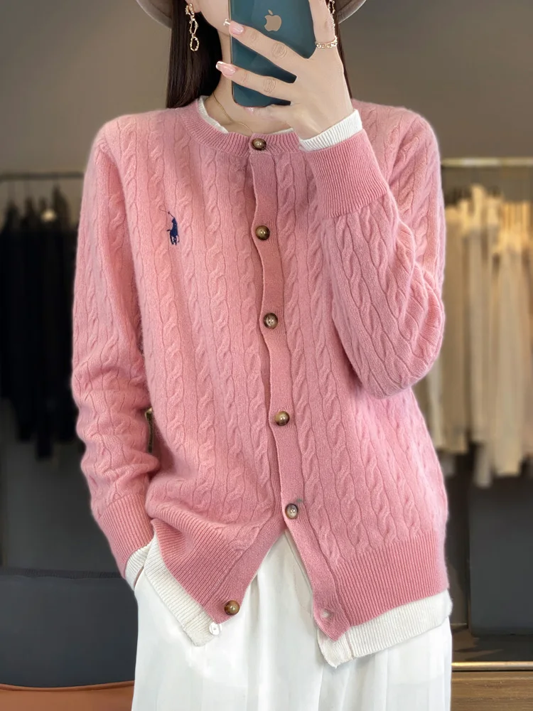 

Женский кардиган в стиле преппи с круглым вырезом, мягкий свитер с длинным рукавом для осени и зимы, трикотажная одежда из 100% мериносовой шерсти, корейский модный топ