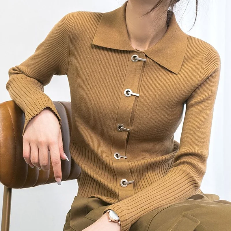 

Streetwear Temperament Elegant Sweet Slim Office Lady Sweaters Buttons Solid Turn-down Collar Long Sleeve Women's Clothing 2023