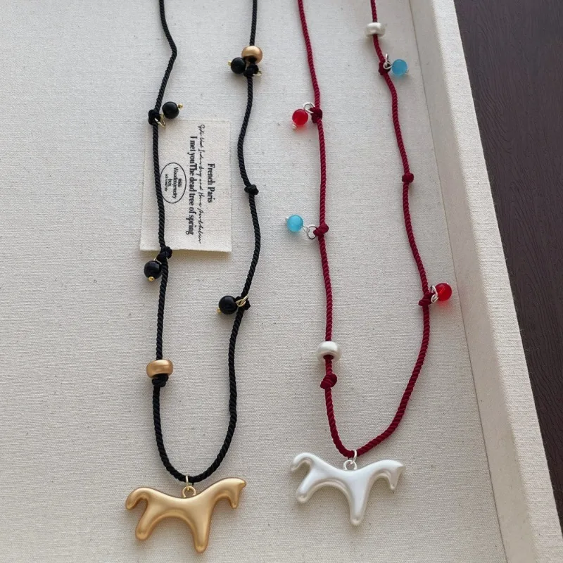 Minar Cute Smooth Surface Matte Color Cartoon Horse Multicolor Beads Pendant Necklaces for Women Adjusting Rope Sweater Chain