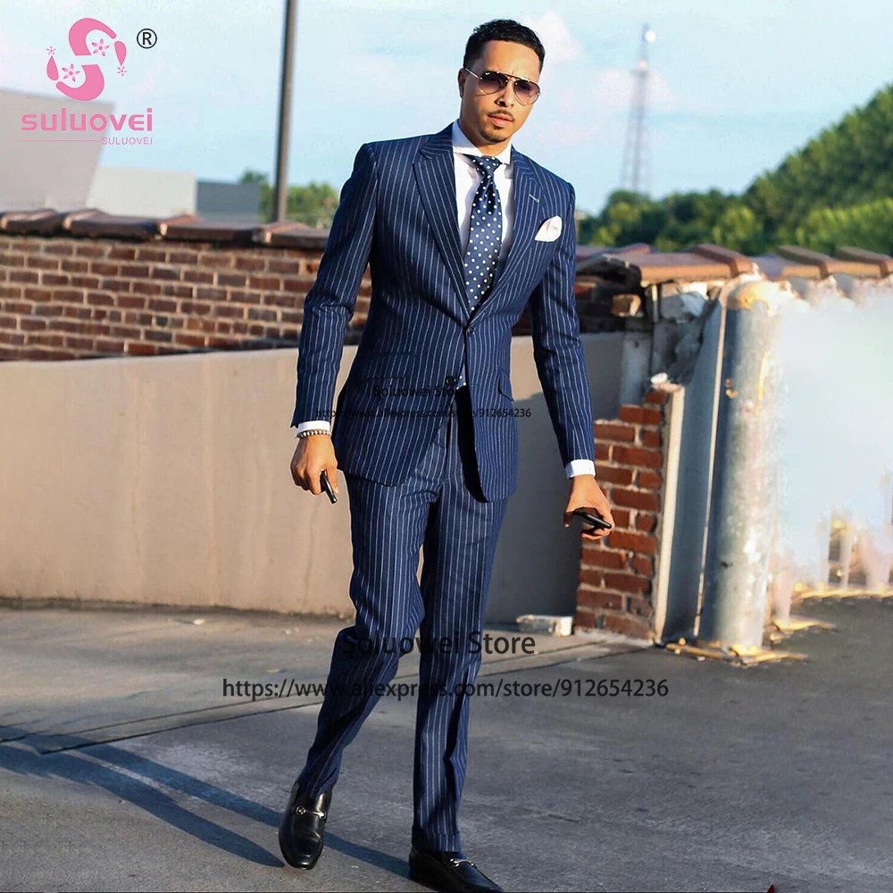 Fashion Wedding Striped Suits For Men Slim Fit 2 Piece Pants Set Formal Groom Tuxedos Business Blazer Costume Homme Pour Mariage