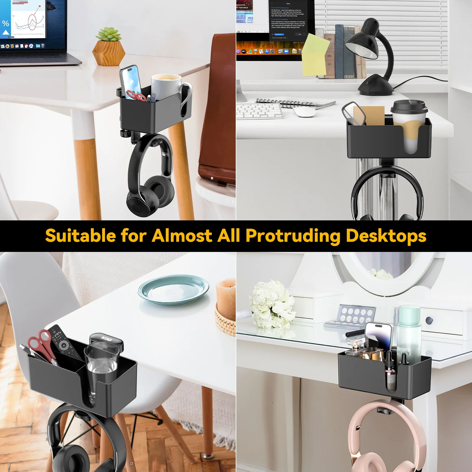 4 in 1 Desk Headphone Hanger Clamp on Under Desk Cup Holder Rotating Headphone Holder Detachable Pen Cup Holder Desk Storage