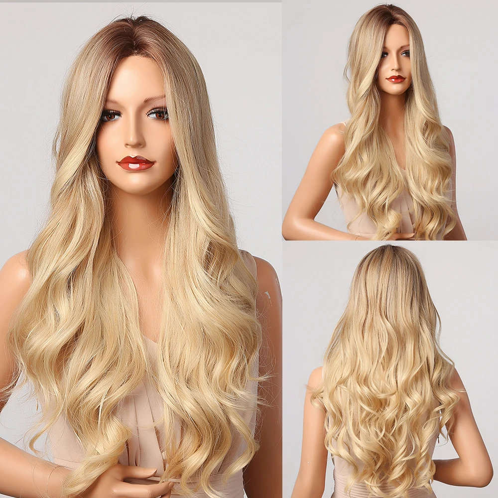 U.SHINE Ombre Brown Light Blonde Platinum Long Wavy Middle Part Hair Wig Cosplay Natural Heat Resistant Synthetic Wig for Women