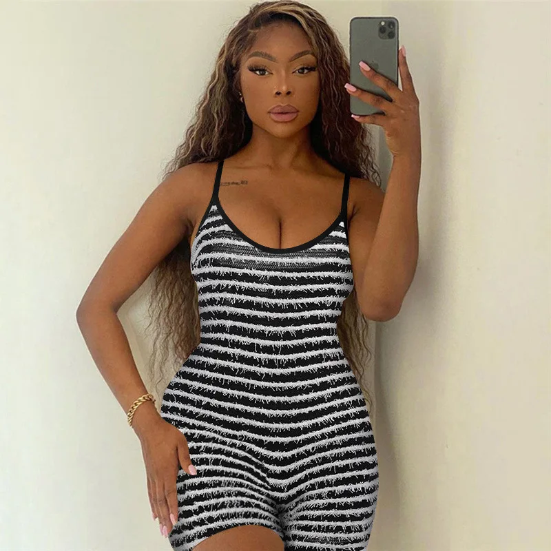 Fashion Knitted Cami Bodycon Jumpsuit Casual Spaghetti Straps Shorts Workout One Piece Streetwear Y2K Romper Club Party Playsuit elegant spaghetti straps women jumpsuit solid off shoulder wide leg pants one piece rompers 2023 summer sexy club party outfits