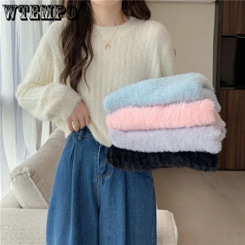Y2K Cropped Sweater Pink Furry Solid Korean Fashion Pullover