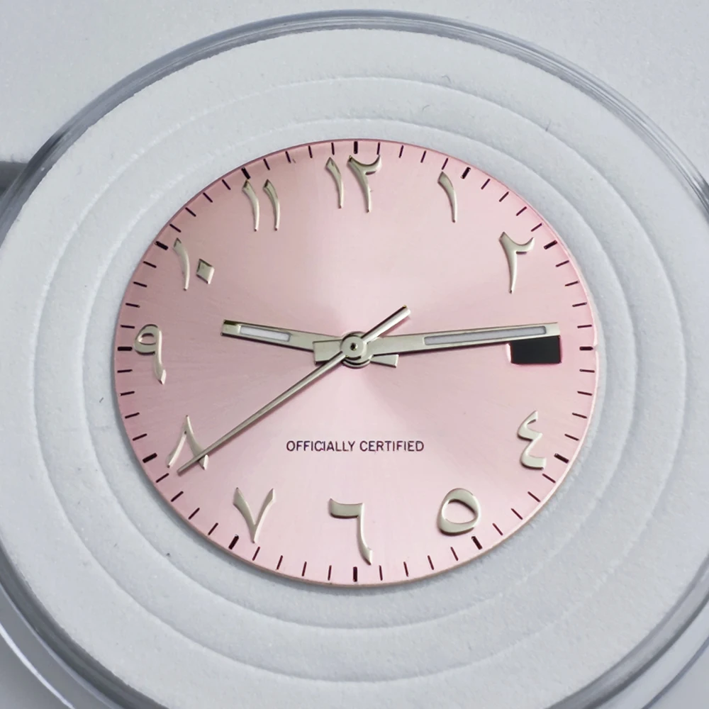 Cadran de montre bleu glacé, cadran arabe rose, pièces de rechange modifiées, NH35, 28.5mm