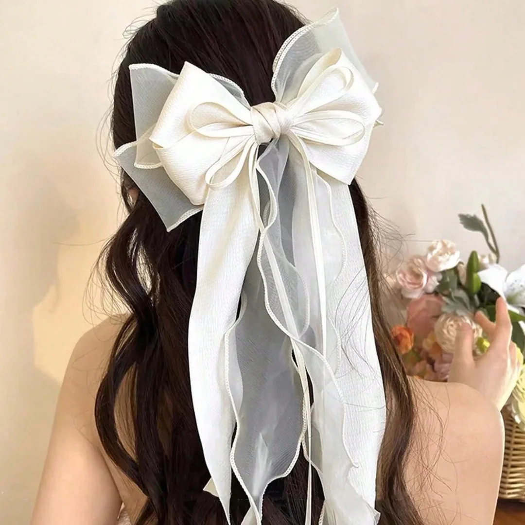 1 Stück Spitzen-Haarschleifen-Clip, Kokette-Bogen-Haarspangen mit langem Schwanzband für Frauen, Weihnachten, Valentinstag, Hochzeit, Abschlussball, Zubehör