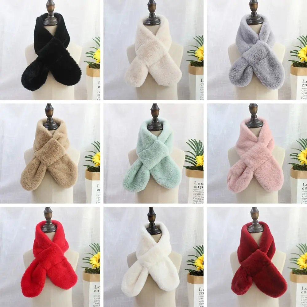 Winter Warm Solid Color Cross Scarf Faux Rabbit Fur Plush Thicken Neck Scarf Neck Warmer Boys