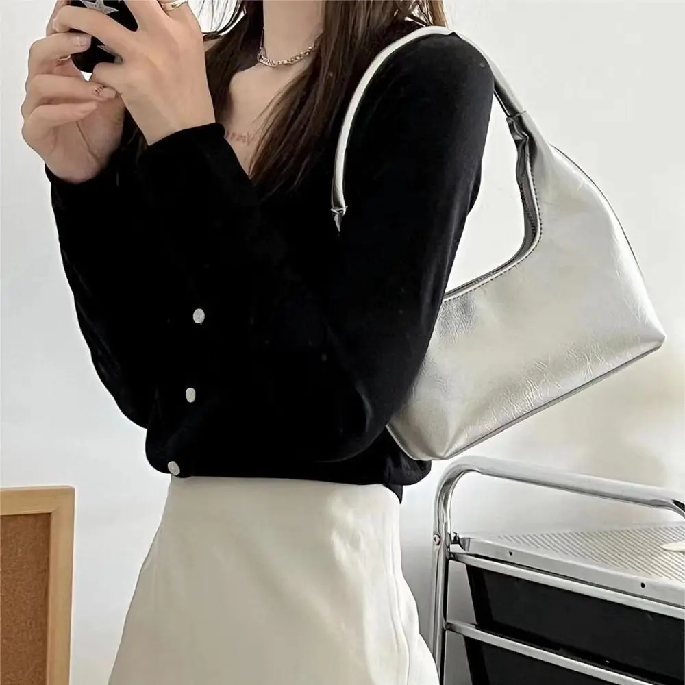 

Simple Fashion Mobile Phone Bag French Crescent Moon Silver Korean Bag Female Handbag Women Underarm Bag Shoulder Bag