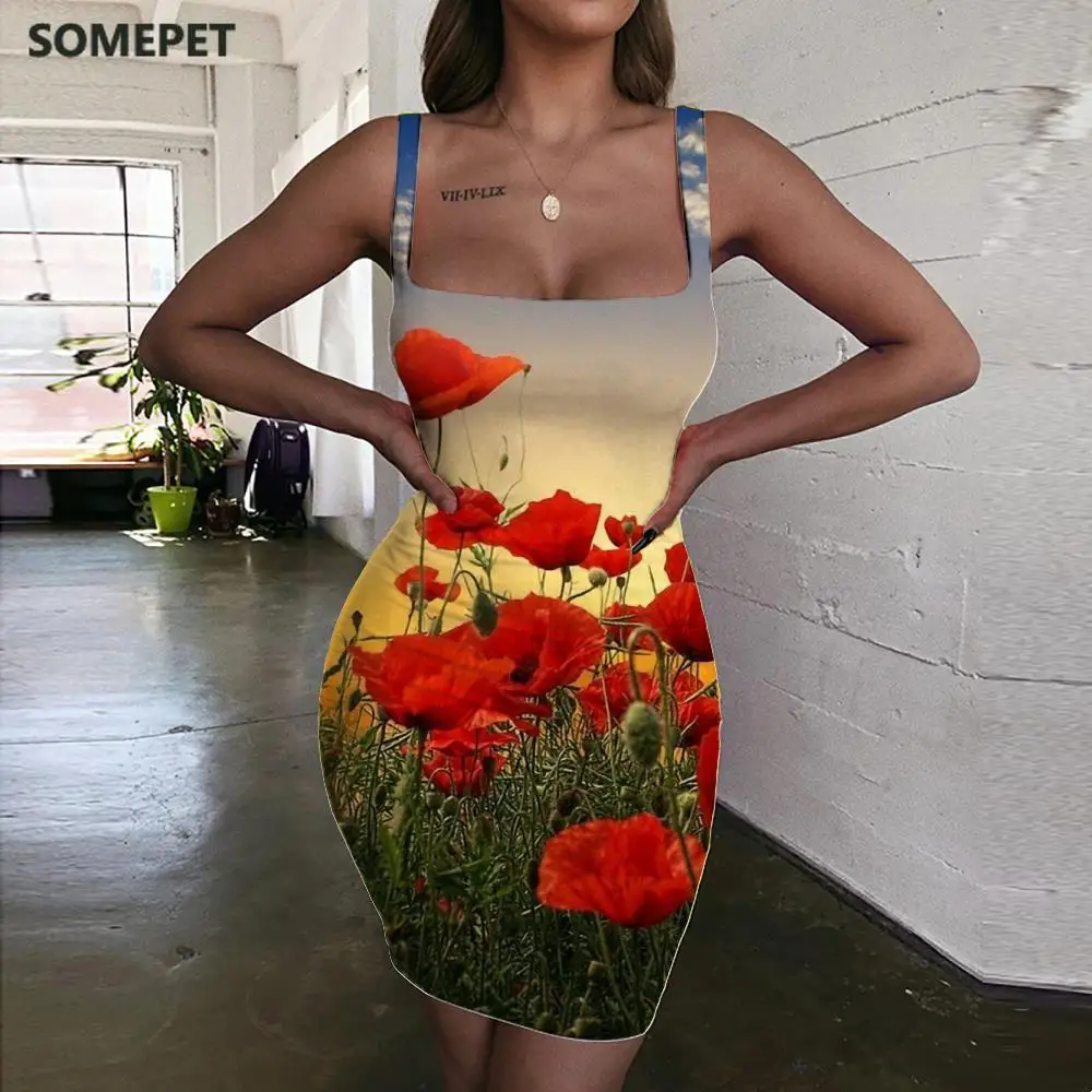 

SOMEPET Grace Dress Women Flower Dress Ladies Dresses Sexy Bodycon Dress Colorful 3d Print Womens Clothing Summer New Boho Femme